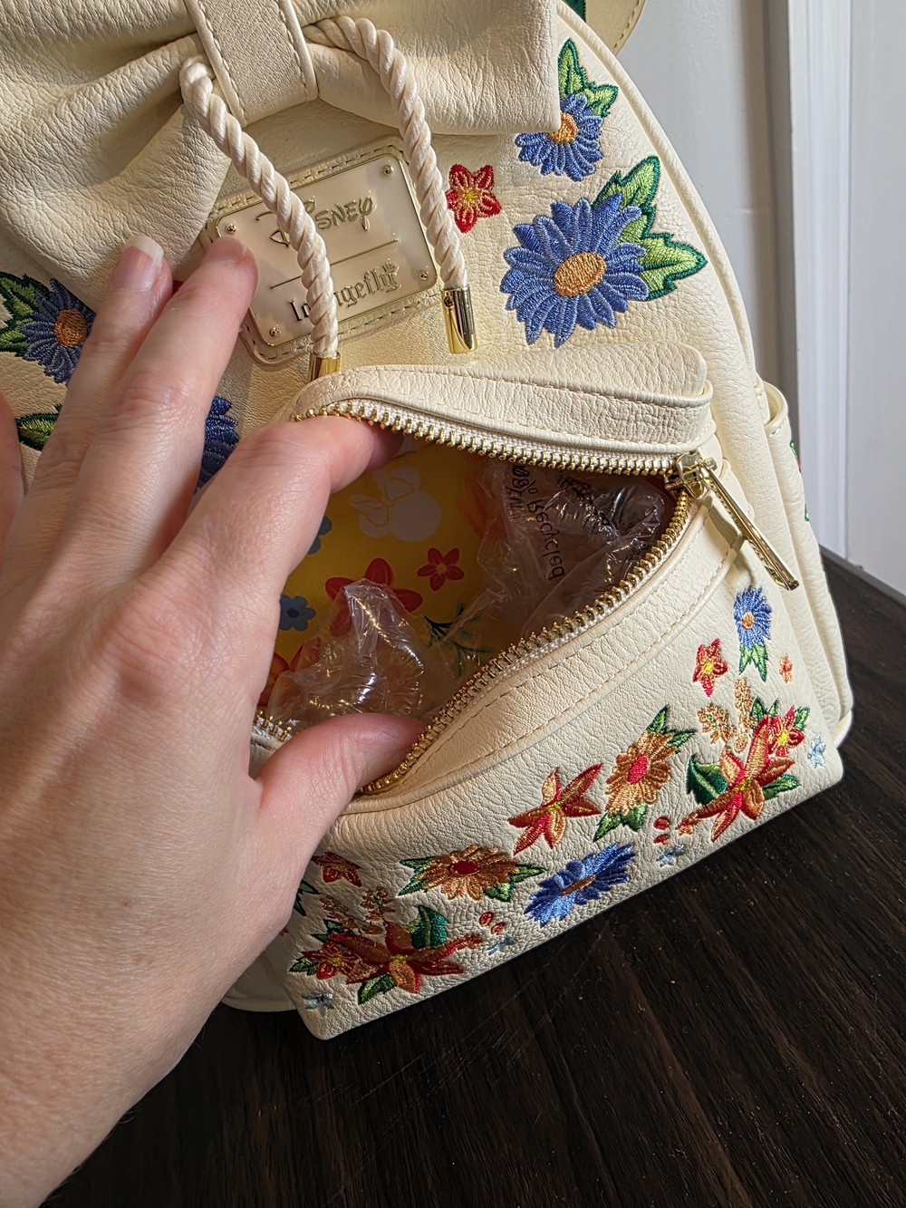 Loungefly Disney Cream Floral Embroidered Mini Backpack with Bow Ears - Picture 5 of 12